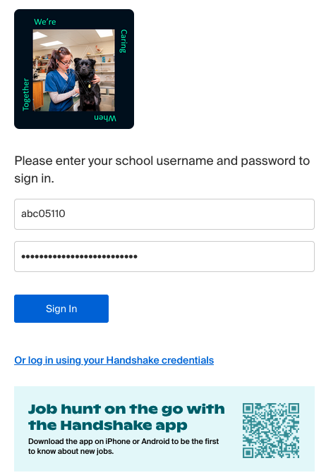 Screenshot of the username and password fields to log in to VTSU Handshake.